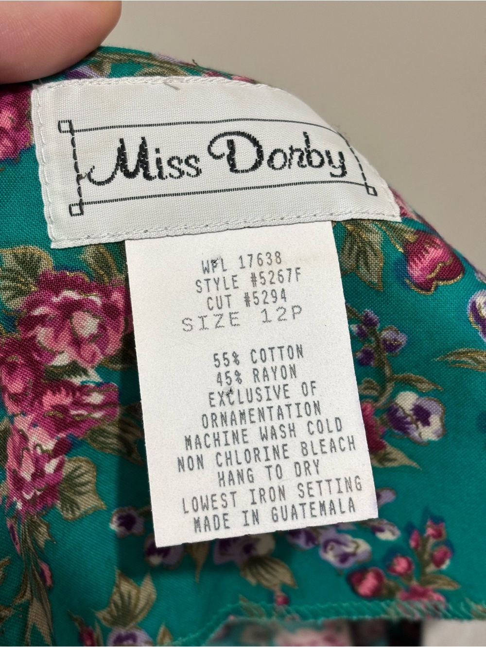 Miss Dorby Vintage Green and Pink Dress with Lace Yolk Collar Size 12P 80s Retro - Picture 9 of 10